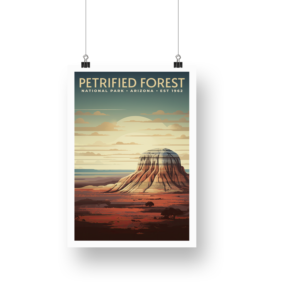 Petrified Forest National Park Poster – Striped Mesa & Pale Sunset