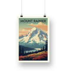 Mount Rainier National Park Poster – Snowy Mountain & Peach Clouds