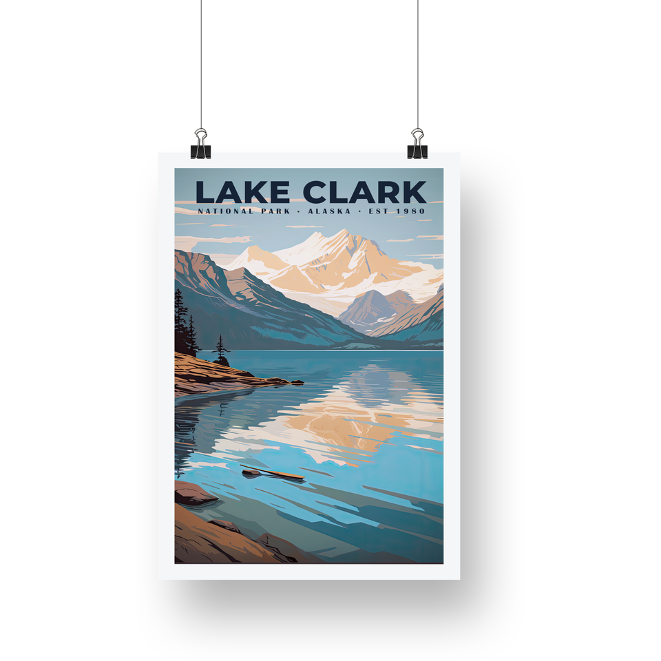 Lake Clark National Park Poster – Snowy Mountain & Lake Reflection