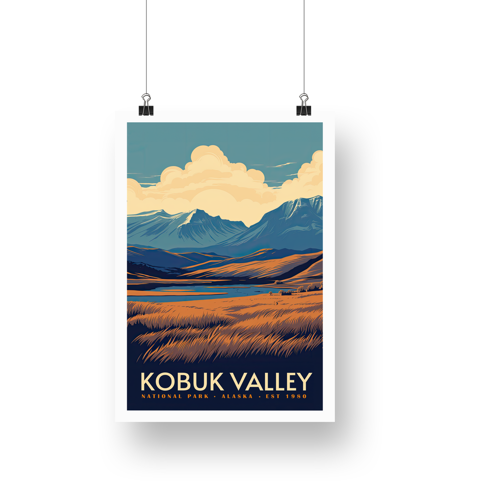 Kobuk Valley National Park Poster – Golden Grassland & Blue Mountains