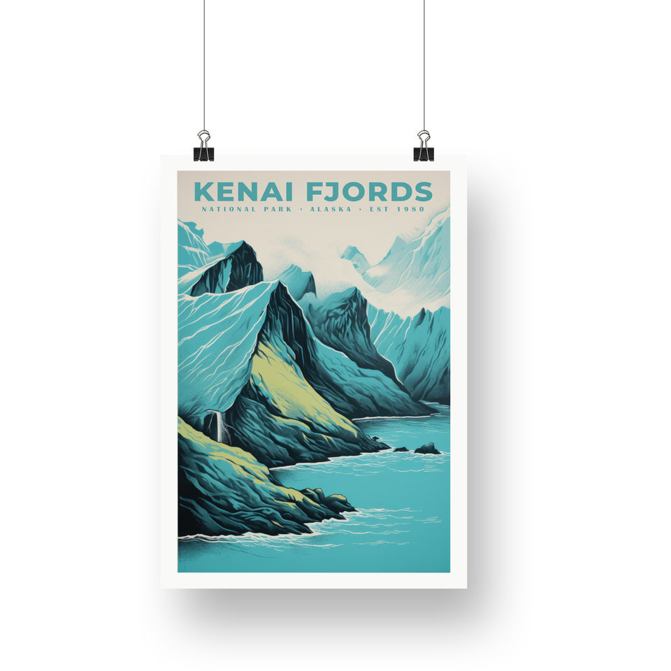 Kenai Fjords National Park Poster – Blue Fjord & Rocky Peaks