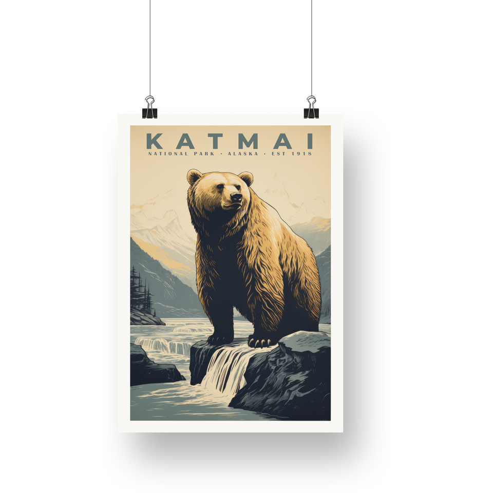 Katmai National Park Poster – Brown Bear & Mountain Ridge