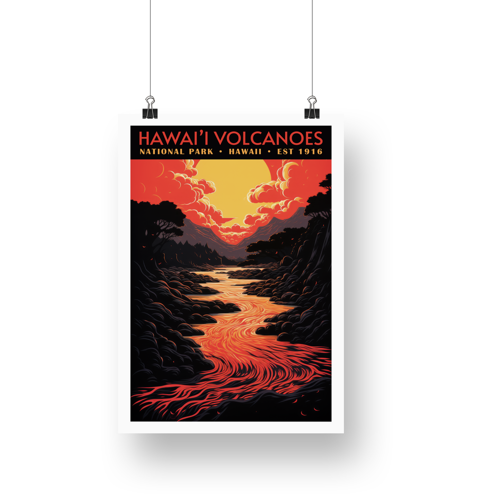 Hawaii Volcanoes National Park Poster – Glowing Lava River & Red Sky