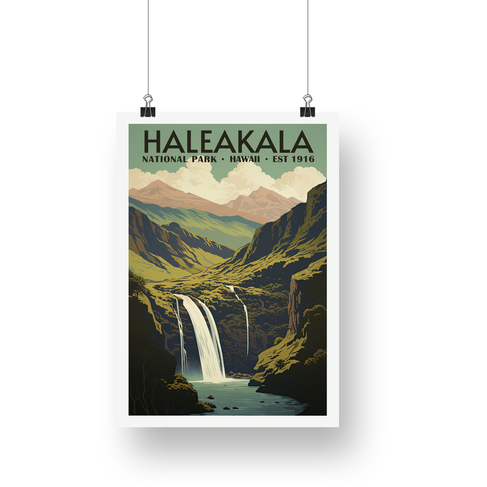 Haleakala National Park Poster – Green Crater & Waterfall