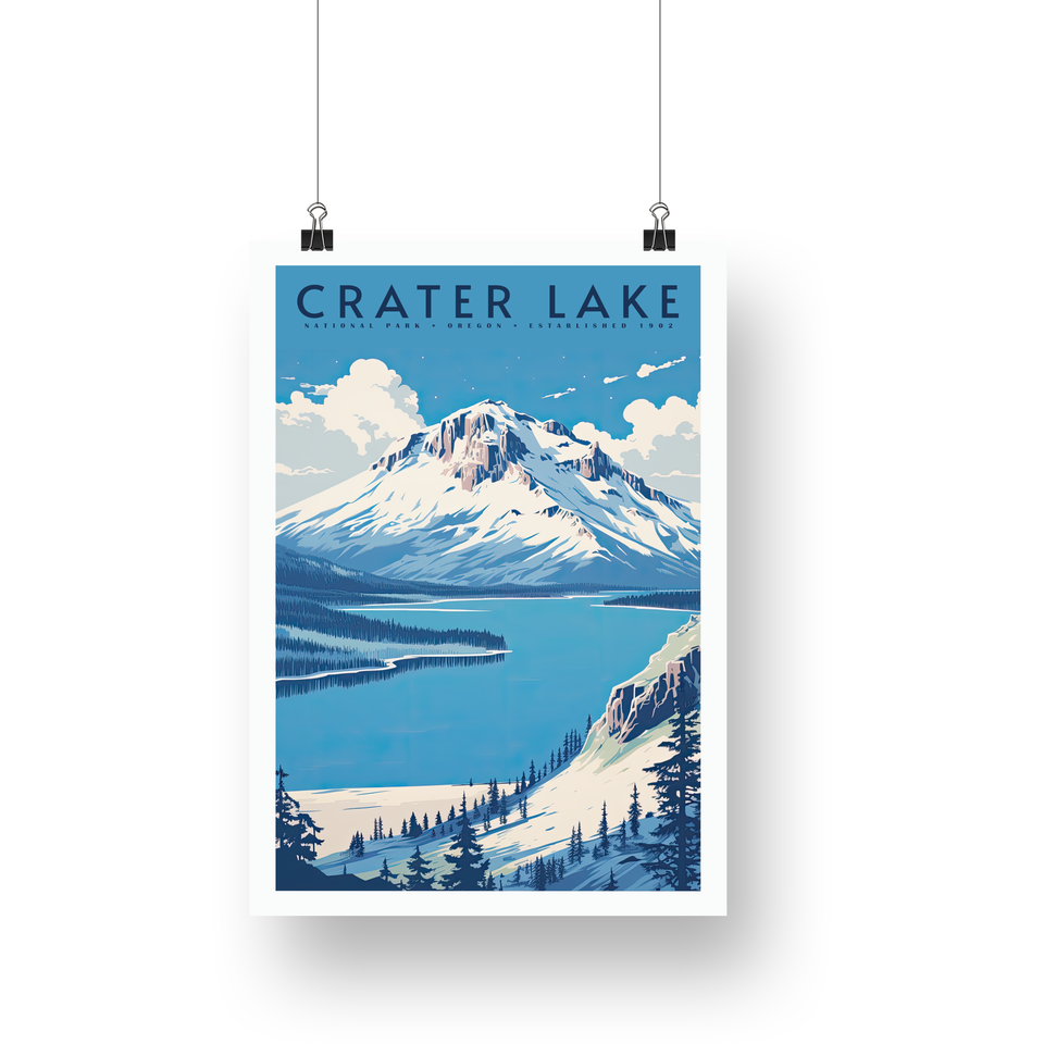 Crater Lake National Park Poster – Blue Crater Lake & Snowy Rim