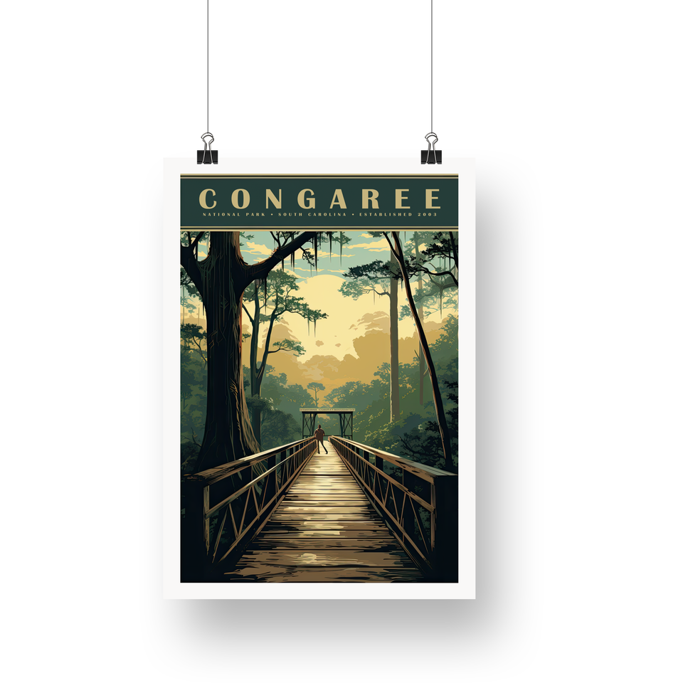 Congaree National Park Poster – Forest Boardwalk & Golden Canopy