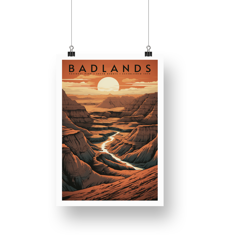 Badlands National Park Poster – Layered Badlands & Setting Sun