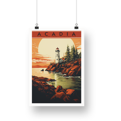 Acadia National Park Poster – Lighthouse & Golden Coastal Sunset