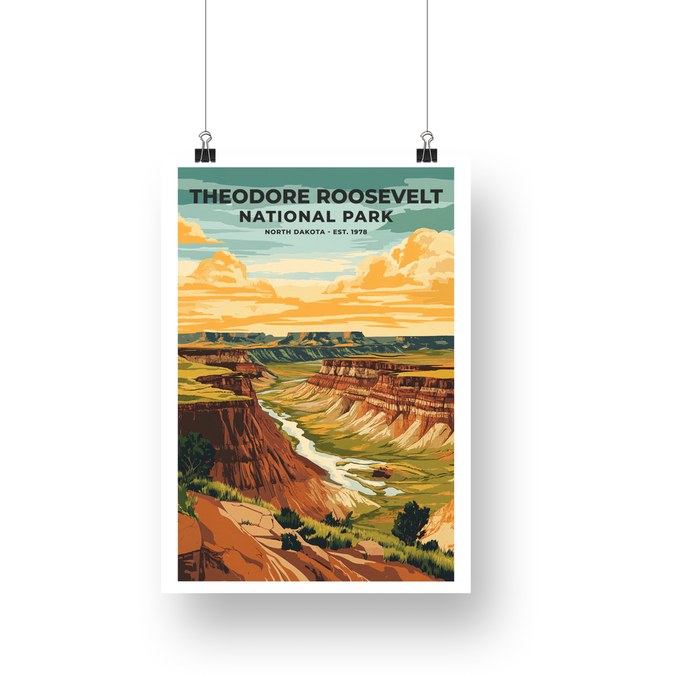 Theodore Roosevelt National Park Poster – Layered Badlands & Winding Stream