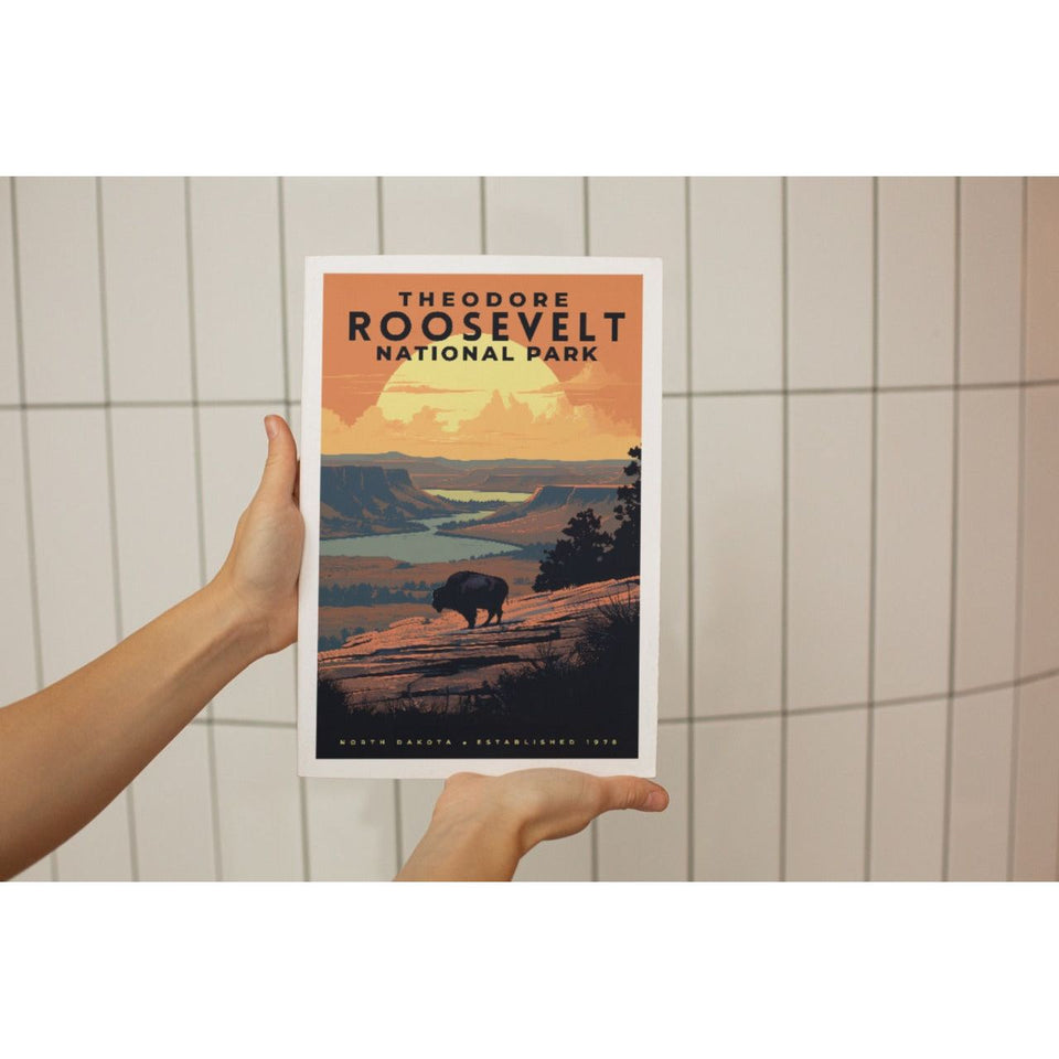 Theodore Roosevelt National Park Poster – Bison & Golden Sunset
