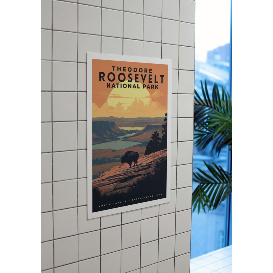 Theodore Roosevelt National Park Poster – Bison & Golden Sunset