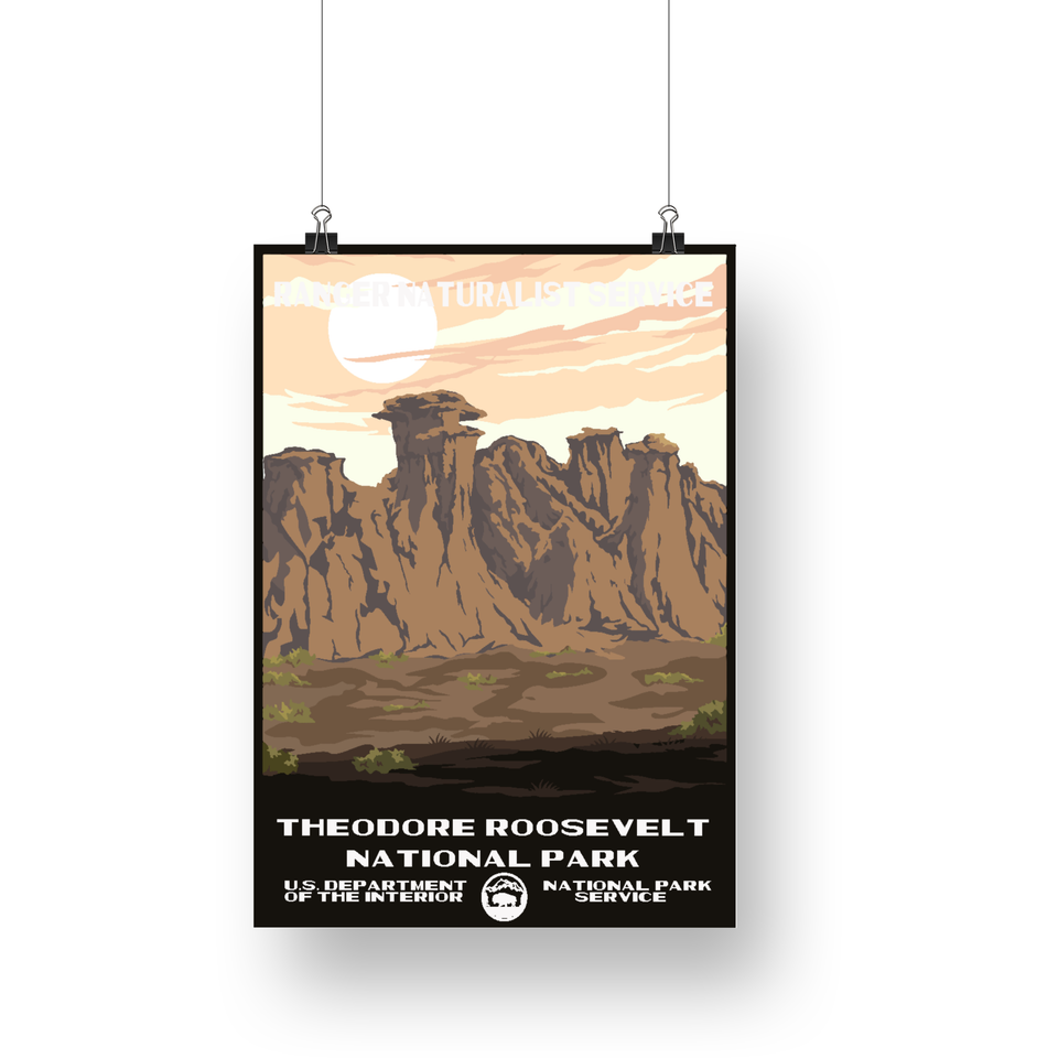 Theodore Roosevelt National Park Poster – Rocky Ridge & Pale Sky – Ranger Header