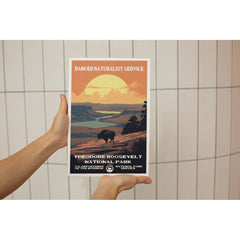 Theodore Roosevelt National Park Poster – Bison & Golden Sunset – Ranger Header