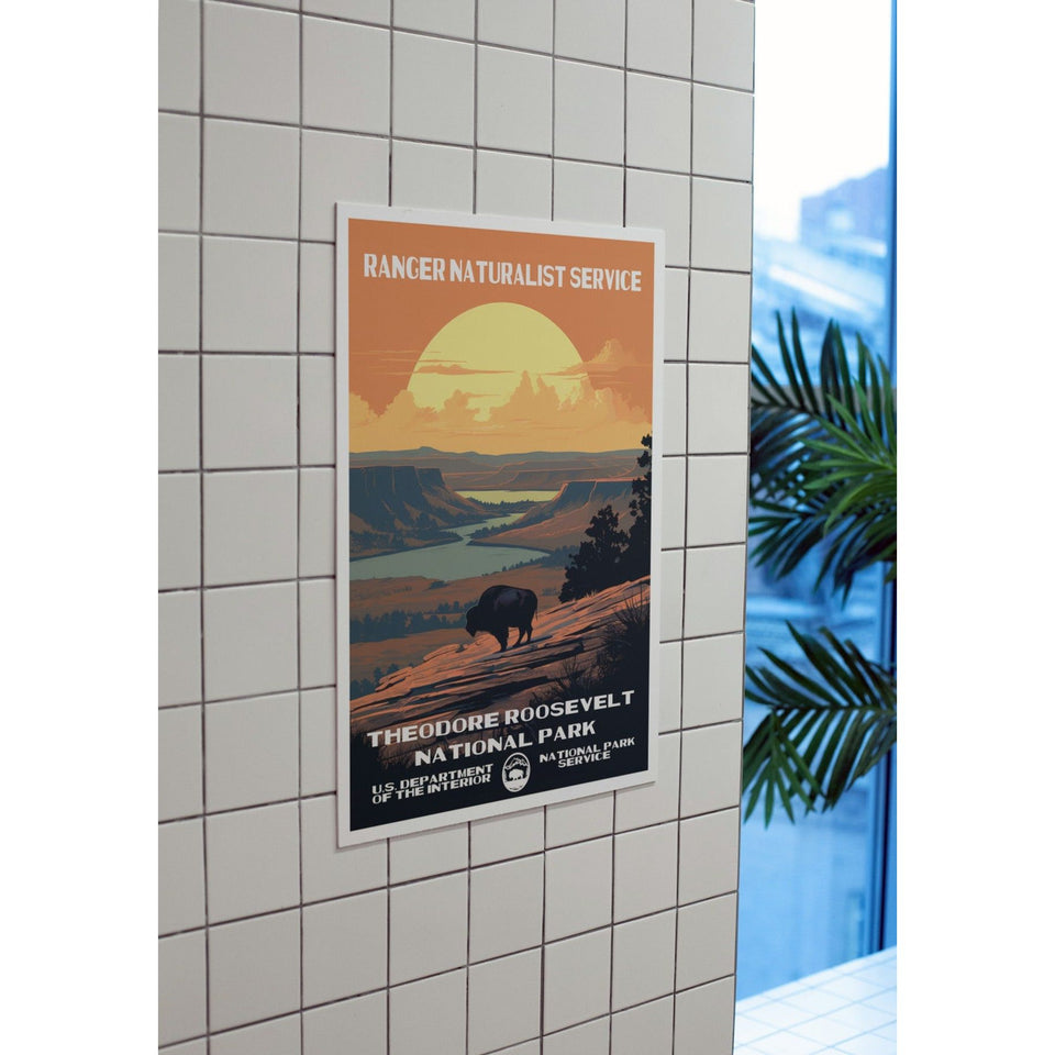 Theodore Roosevelt National Park Poster – Bison & Golden Sunset – Ranger Header