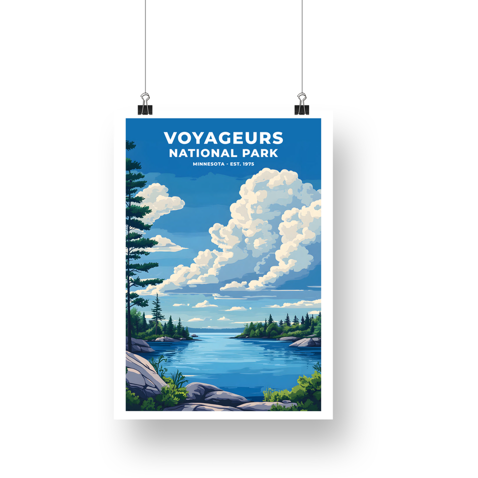 Voyageurs National Park Poster – Blue Water & Island Pines