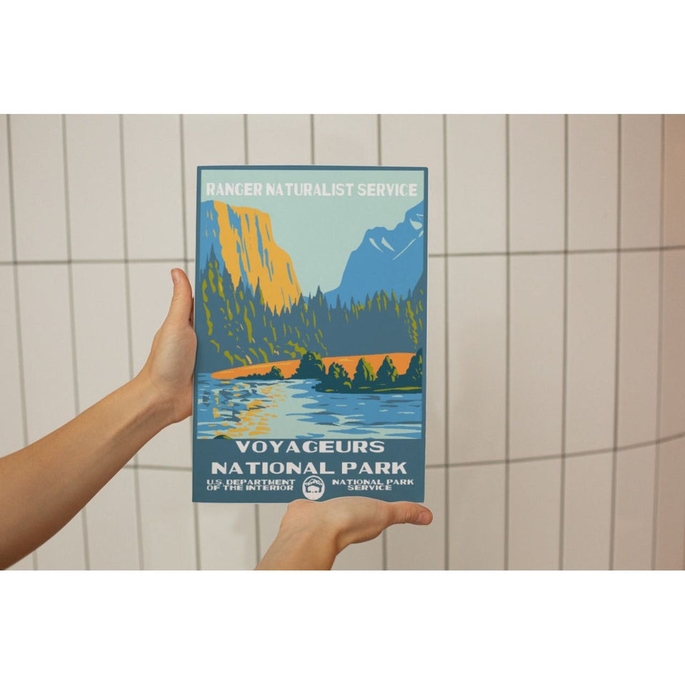 Voyageurs National Park Poster – Canoe & Golden Mountain Shore – Ranger Header