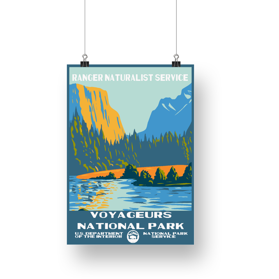 Voyageurs National Park Poster – Canoe & Golden Mountain Shore – Ranger Header