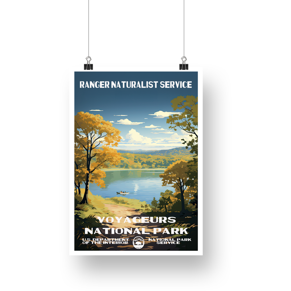Voyageurs National Park Poster – Autumn Lake & Golden Shore – Ranger Header