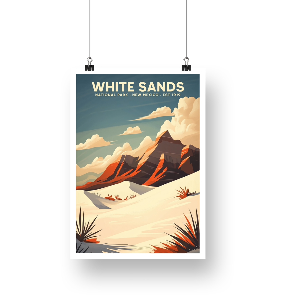 White Sands National Park Poster – White Dunes & Red Mountains