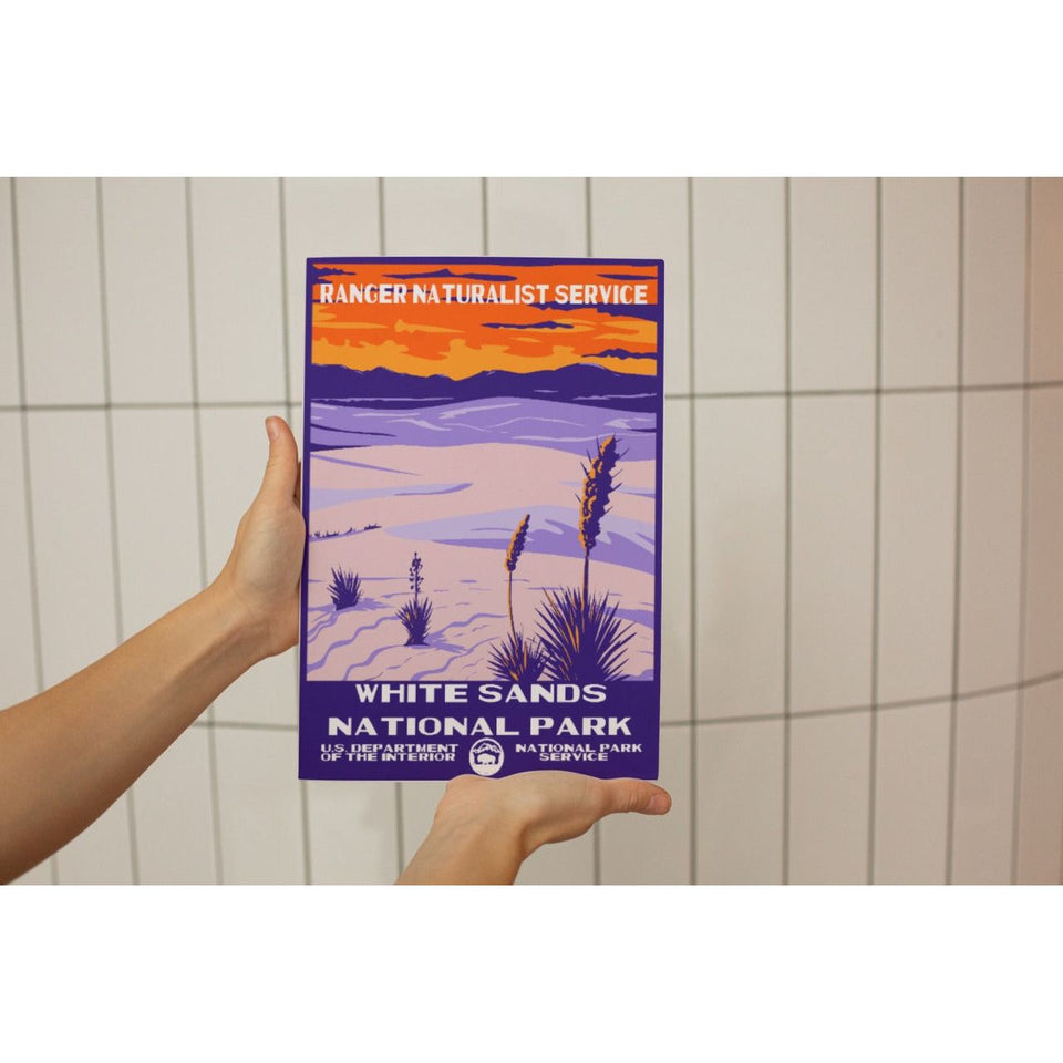 White Sands National Park Poster – Purple Dunes & Orange Sunset – Ranger Header