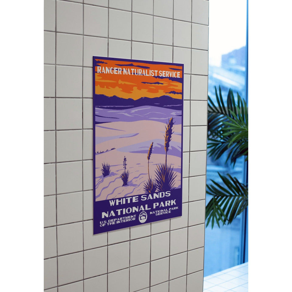 White Sands National Park Poster – Purple Dunes & Orange Sunset – Ranger Header