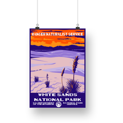 White Sands National Park Poster – Purple Dunes & Orange Sunset – Ranger Header