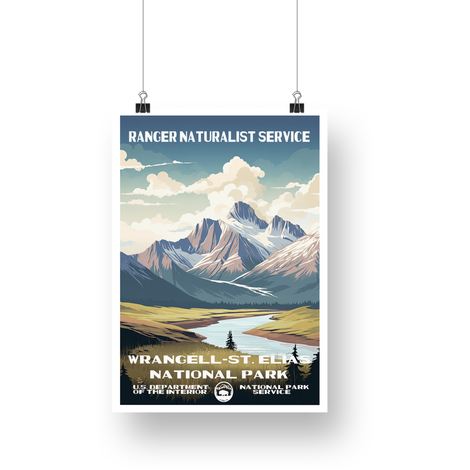 Wrangell-St. Elias National Park Poster – Snowy Peaks & Winding Lake – Ranger Header
