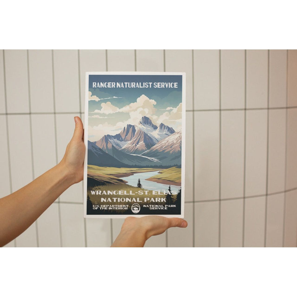 Wrangell-St. Elias National Park Poster – Snowy Peaks & Winding Lake – Ranger Header