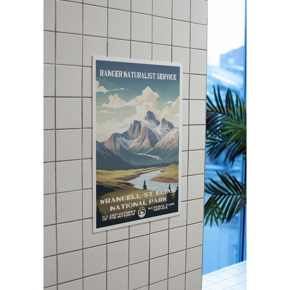 Wrangell-St. Elias National Park Poster – Snowy Peaks & Winding Lake – Ranger Header