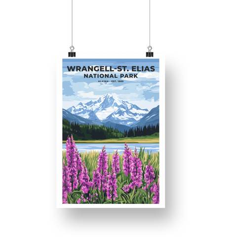 Wrangell-St. Elias National Park Poster – Purple Wildflowers & Snowy Range