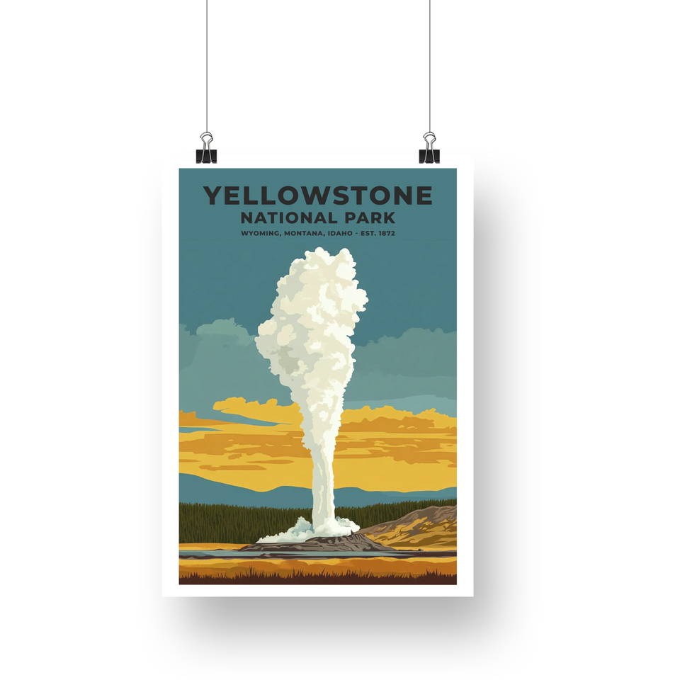 Yellowstone National Park Poster – Lone Geyser & Golden Grassland