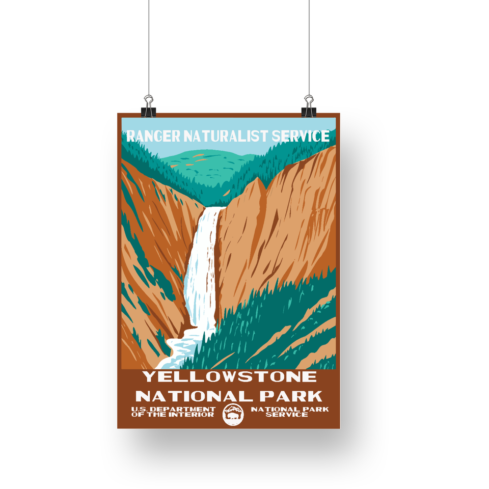 Yellowstone National Park Poster – Waterfall & Golden Canyon Walls – Ranger Header