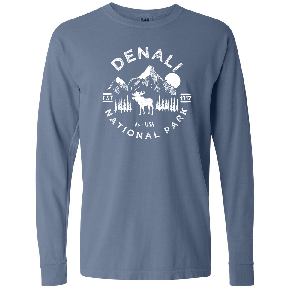 Denali National Park Comfort Colors Long Sleeve T-Shirt – Caribou Mountain Emblem
