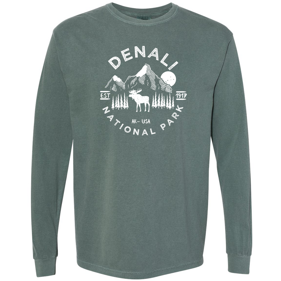Denali National Park Comfort Colors Long Sleeve T-Shirt – Caribou Mountain Emblem