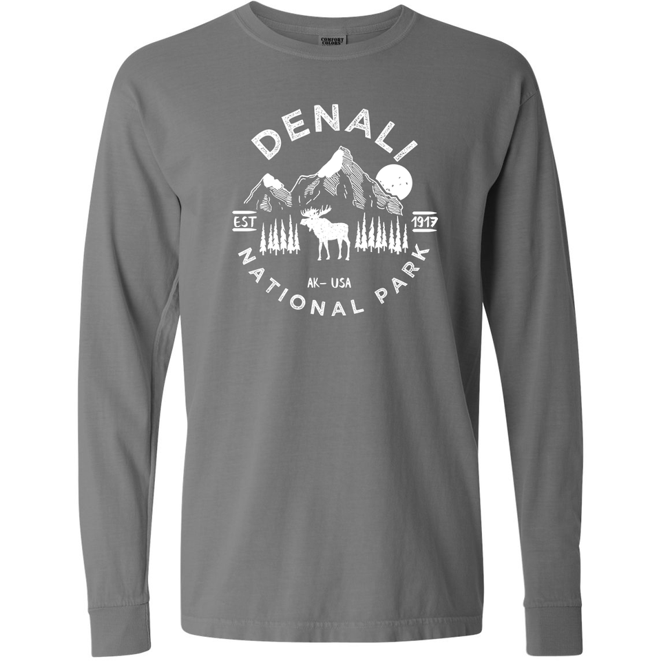 Denali National Park Comfort Colors Long Sleeve T-Shirt – Caribou Mountain Emblem