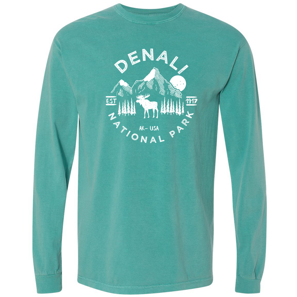 Denali National Park Comfort Colors Long Sleeve T-Shirt – Caribou Mountain Emblem